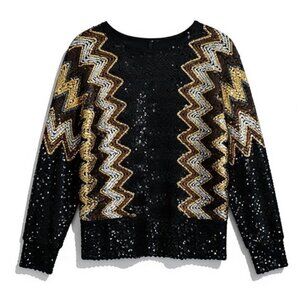 Vintage Reversible Sequin Zigzag Knit Sweater | Black Gold Silver | Size L (Est)